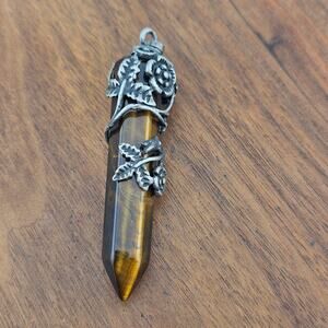 Silver Tone Wrapped Tiger Eye Brown Obelisk Pendant Fairy Renaissance Cosplay